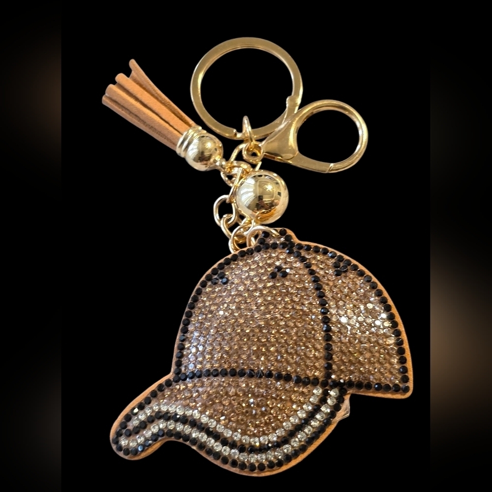 Gold Rhinestone Baseball Cap Bag Charm Keychain